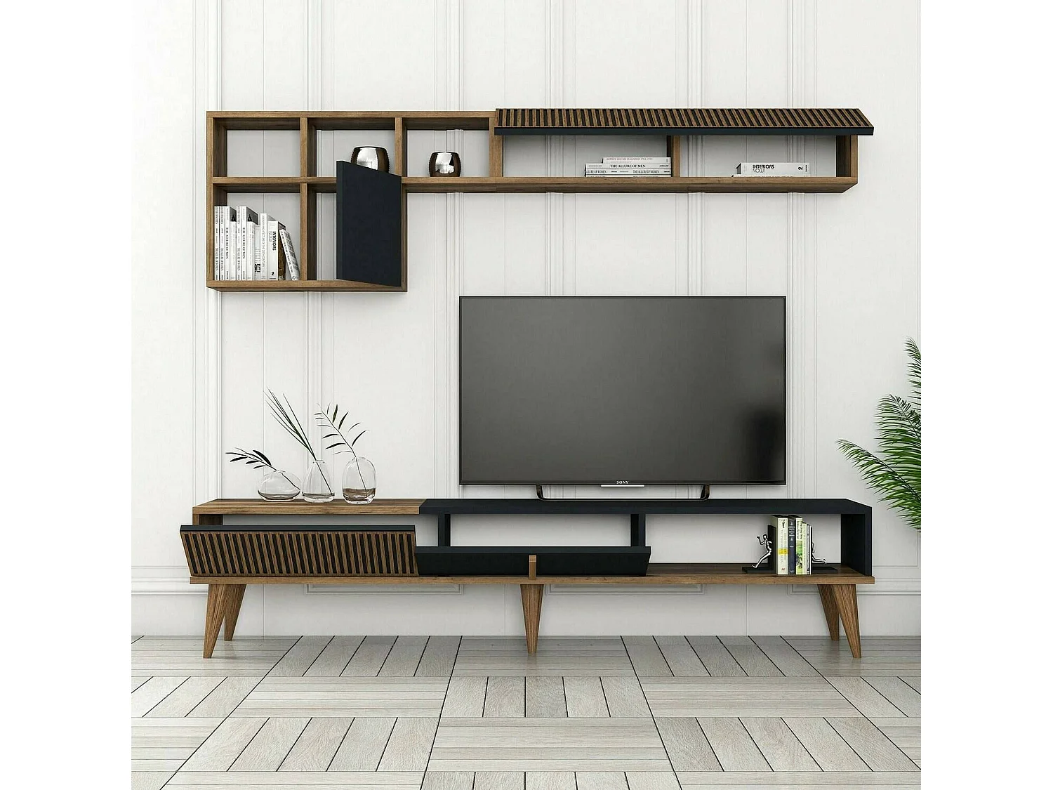 Parete Attrezzata Ostro, 11 Ripiani, 35x180x40h cm Marrone Noce