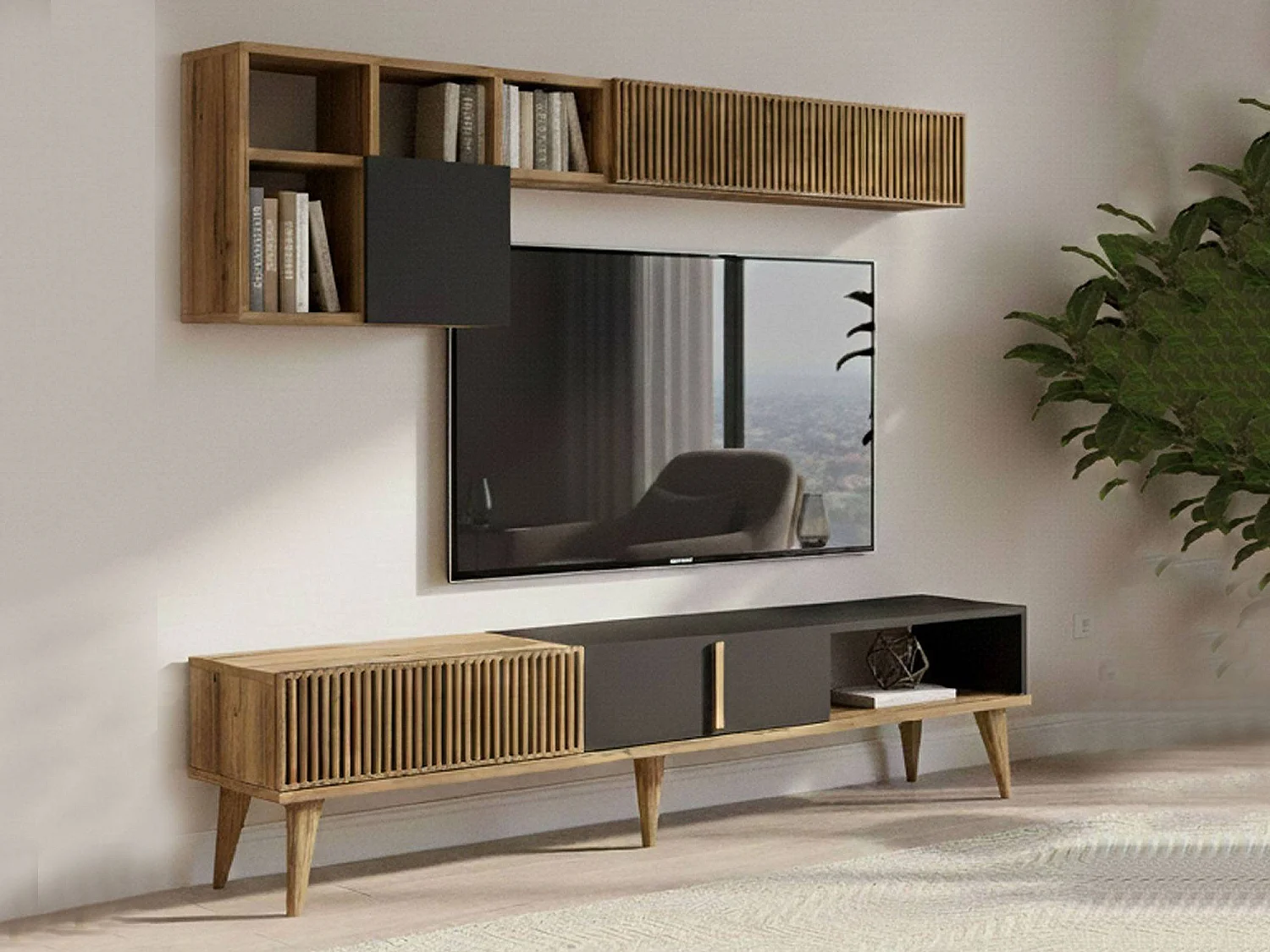 Parete Attrezzata Ostro, 11 Ripiani, 35x180x40h cm Marrone Noce