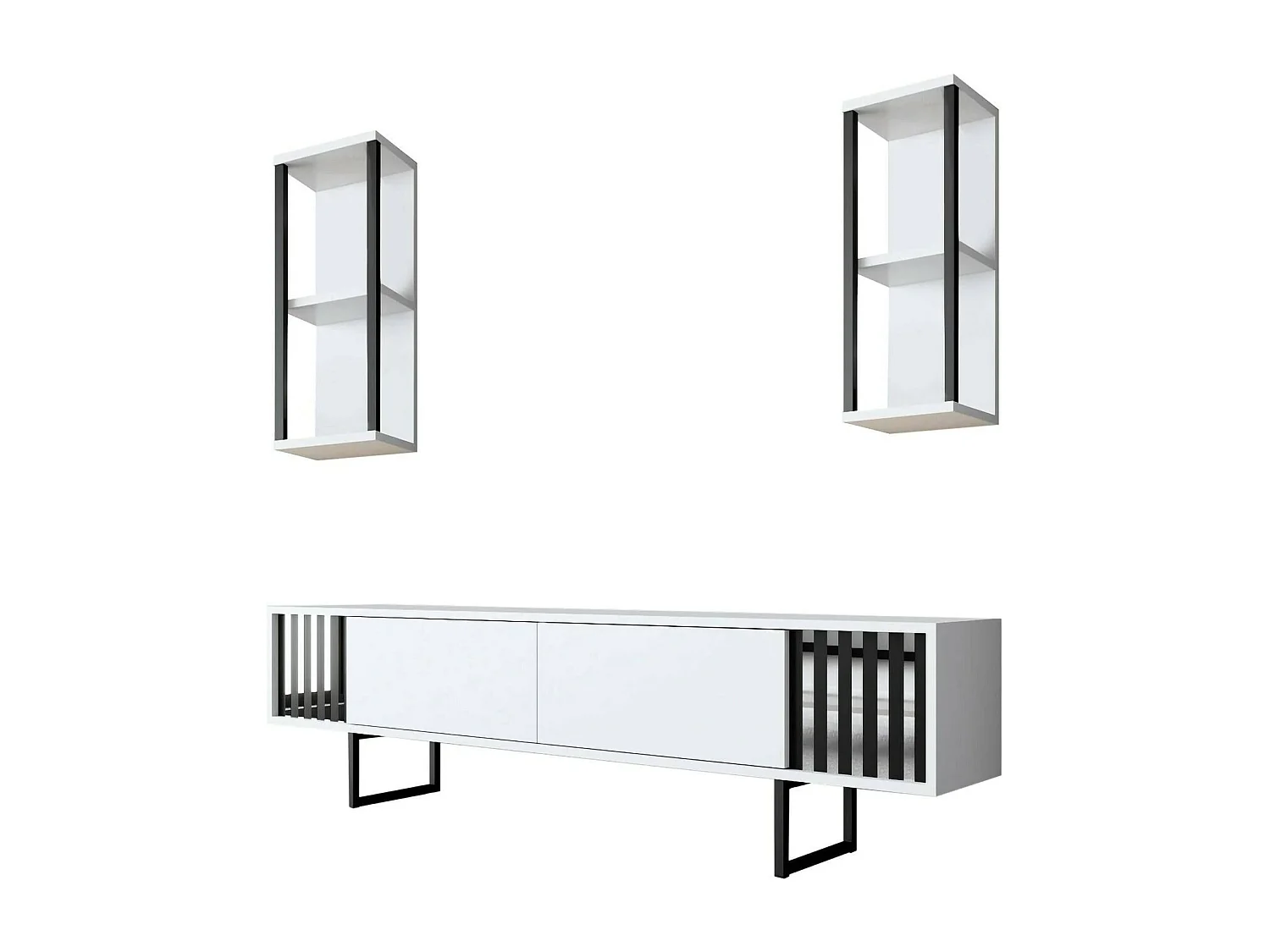 Meuble TV Ananke, Buffet de salon, Armoire basse pour TV, Base murale de rangement, 180x30h48 cm, Blanc et Noir