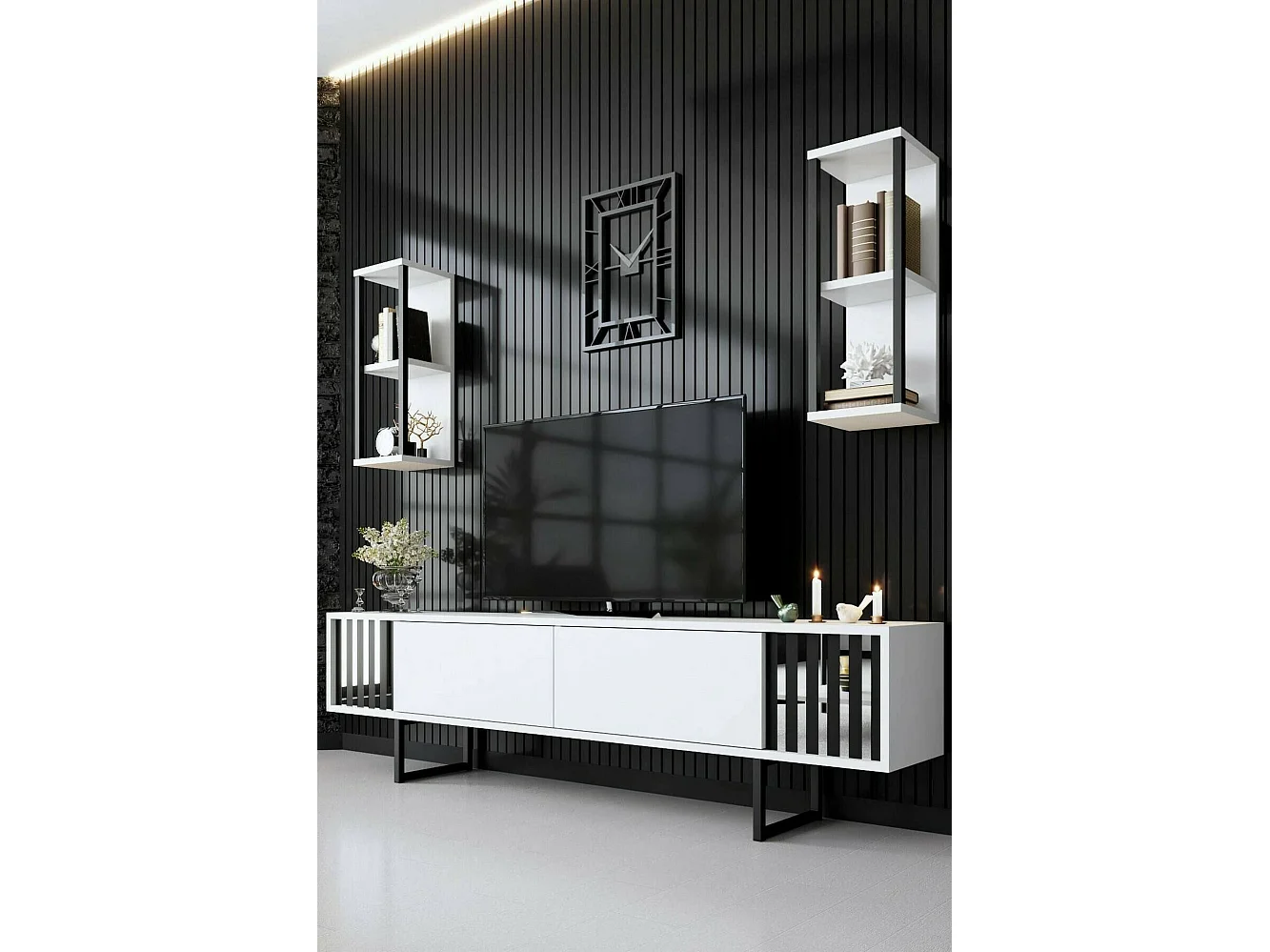 Meuble TV Ananke, Buffet de salon, Armoire basse pour TV, Base murale de rangement, 180x30h48 cm, Blanc et Noir