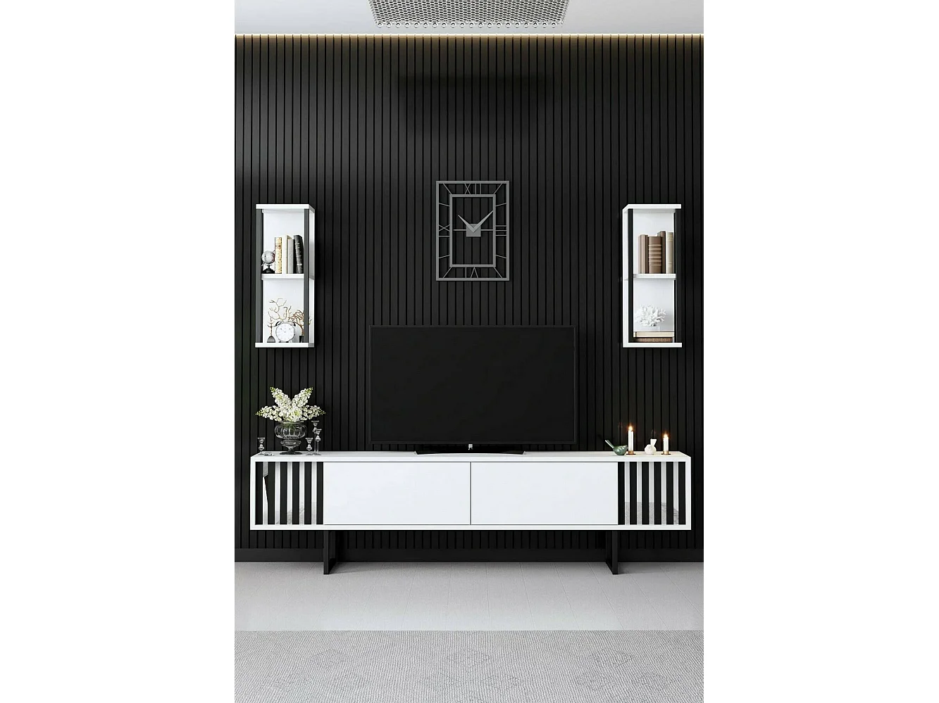 Meuble TV Ananke, Buffet de salon, Armoire basse pour TV, Base murale de rangement, 180x30h48 cm, Blanc et Noir