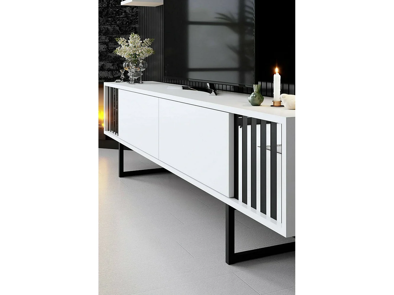 Meuble TV Ananke, Buffet de salon, Armoire basse pour TV, Base murale de rangement, 180x30h48 cm, Blanc et Noir