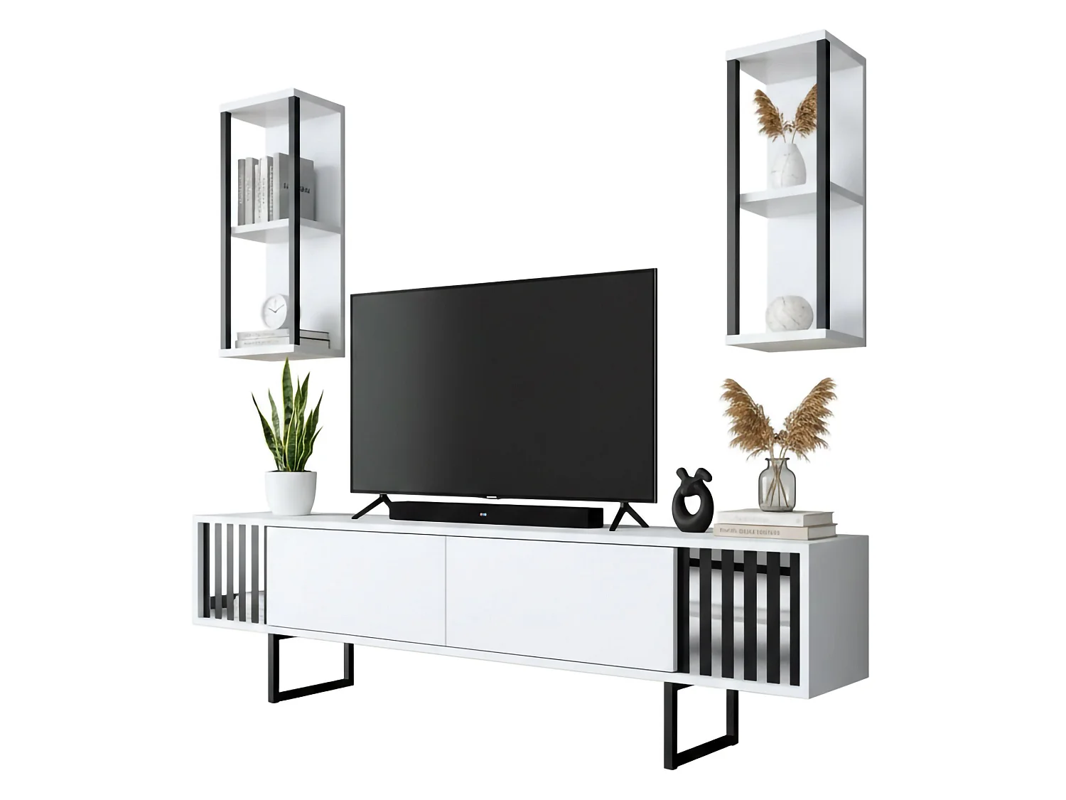Meuble TV Ananke, Buffet de salon, Armoire basse pour TV, Base murale de rangement, 180x30h48 cm, Blanc et Noir