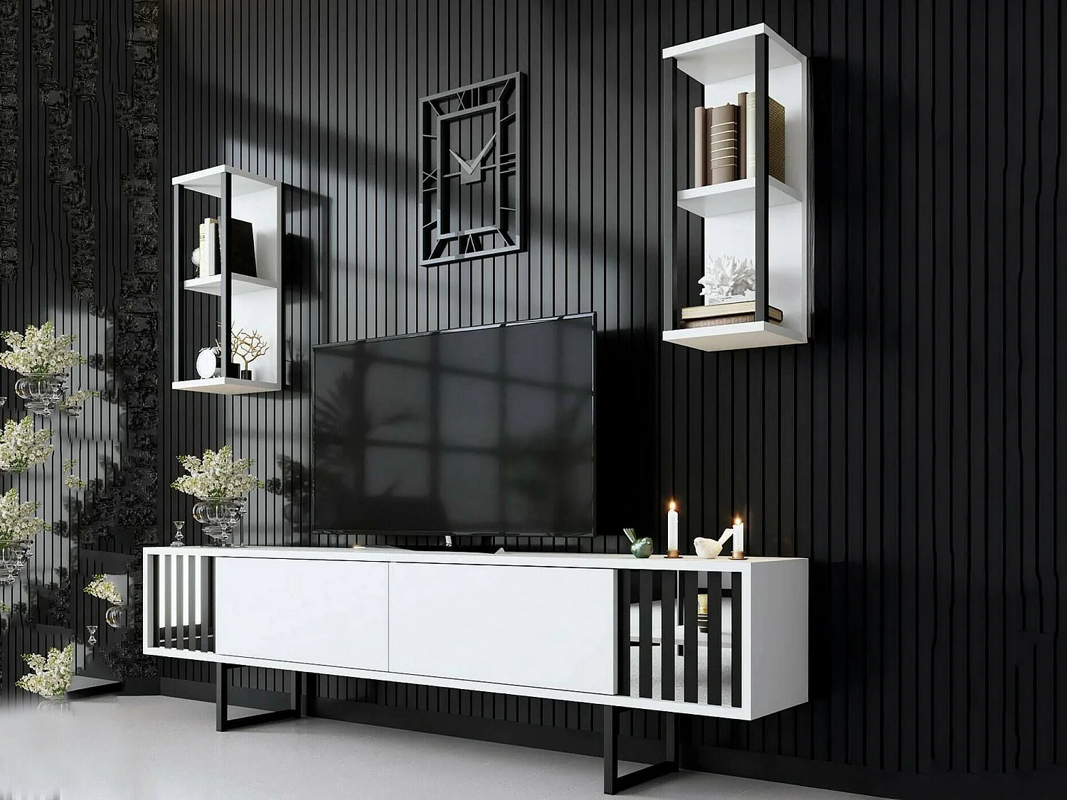 Meuble TV Ananke, Buffet de salon, Armoire basse pour TV, Base murale de rangement, 180x30h48 cm, Blanc et Noir