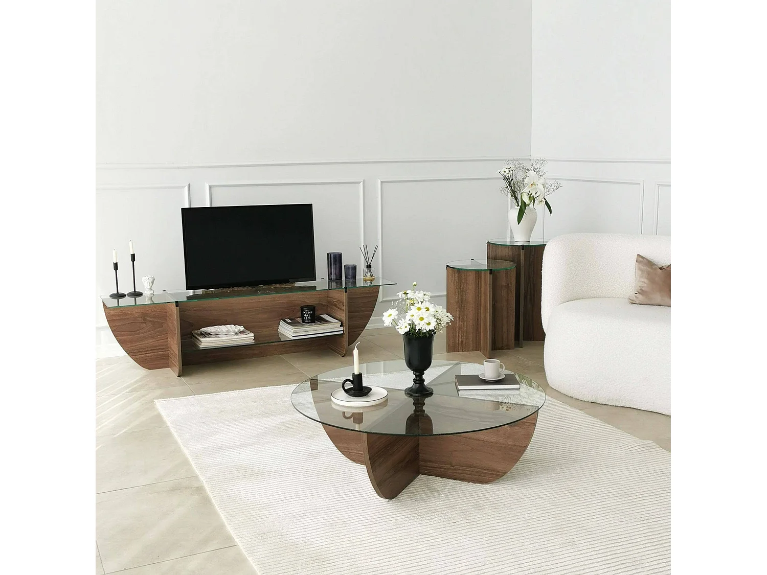 Meuble TV Heka, Buffet de salon, Armoire basse pour TV, Base murale de rangement, 158x35h40 cm, Noyer