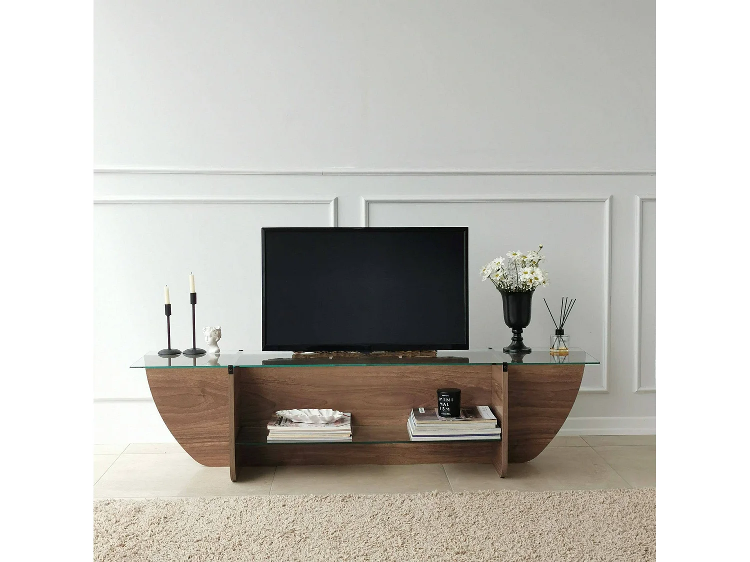 Meuble TV Heka, Buffet de salon, Armoire basse pour TV, Base murale de rangement, 158x35h40 cm, Noyer