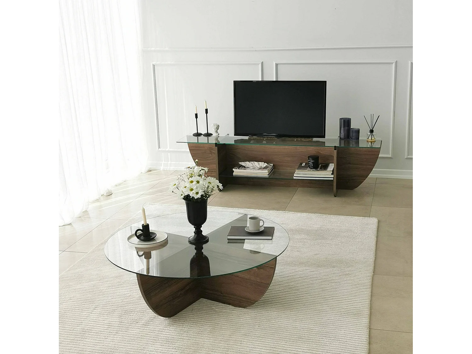 Meuble TV Heka, Buffet de salon, Armoire basse pour TV, Base murale de rangement, 158x35h40 cm, Noyer