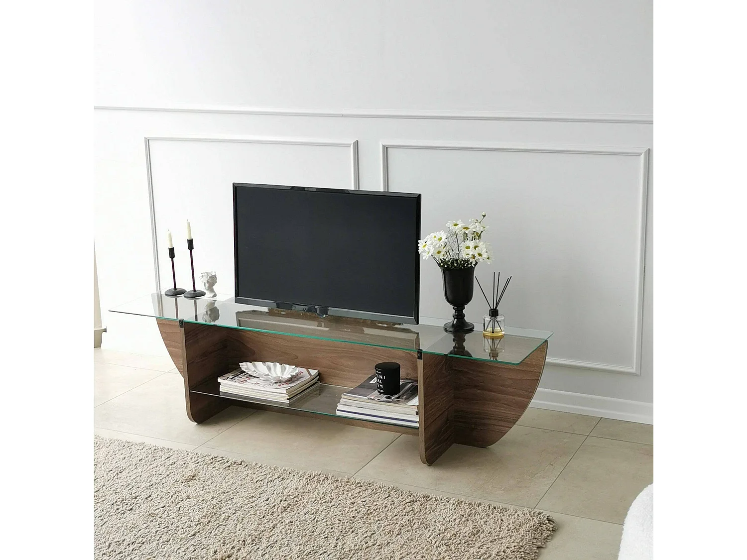 Meuble TV Heka, Buffet de salon, Armoire basse pour TV, Base murale de rangement, 158x35h40 cm, Noyer