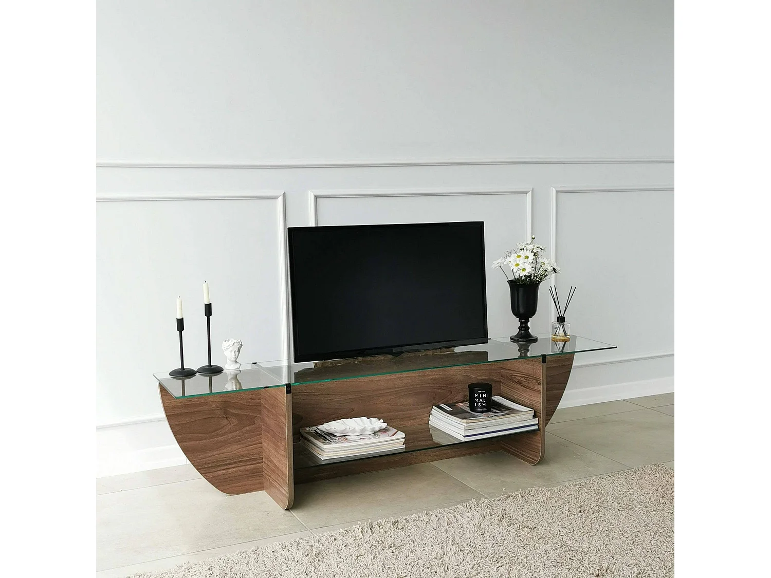 Meuble TV Heka, Buffet de salon, Armoire basse pour TV, Base murale de rangement, 158x35h40 cm, Noyer