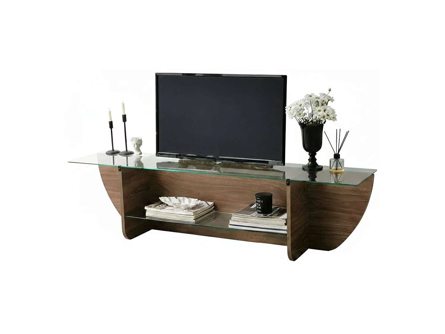 Meuble TV Heka, Buffet de salon, Armoire basse pour TV, Base murale de rangement, 158x35h40 cm, Noyer
