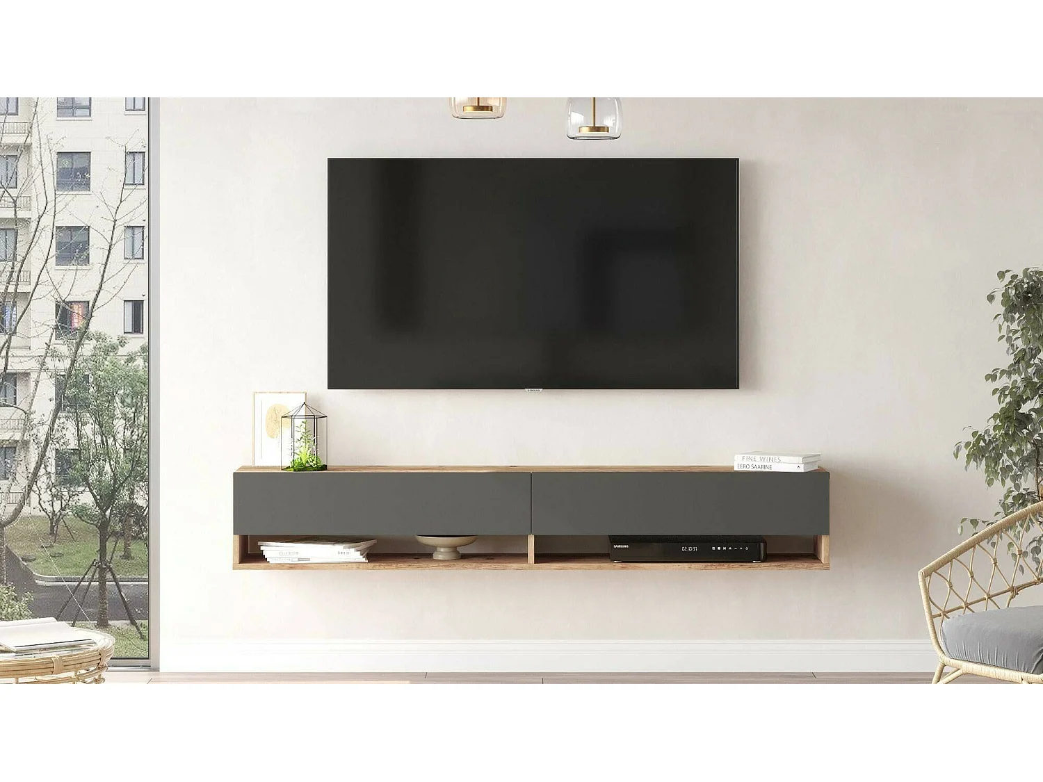 Suporte de TV Dkechrid, Aparador dPara sala de estar, armário baixo para TV, base de parede equipada, 180x32h29 cm, carvalho e antracite