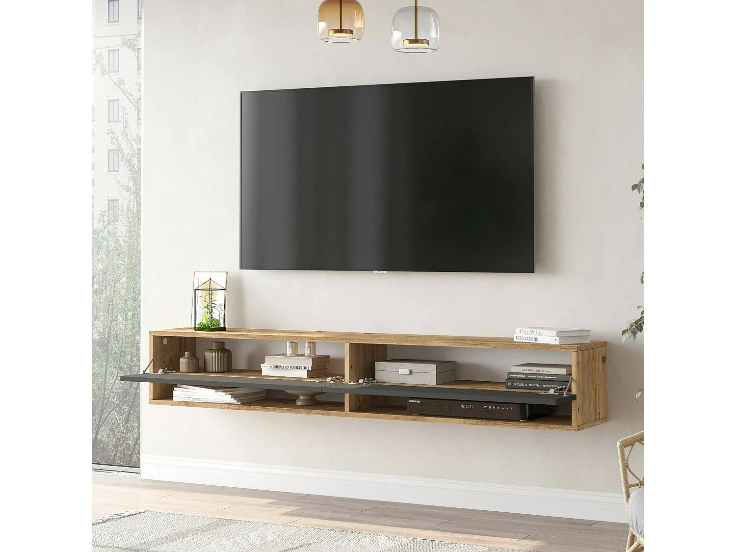 Suporte de TV Dkechrid, Aparador dPara sala de estar, armário baixo para TV, base de parede equipada, 180x32h29 cm, carvalho e antracite