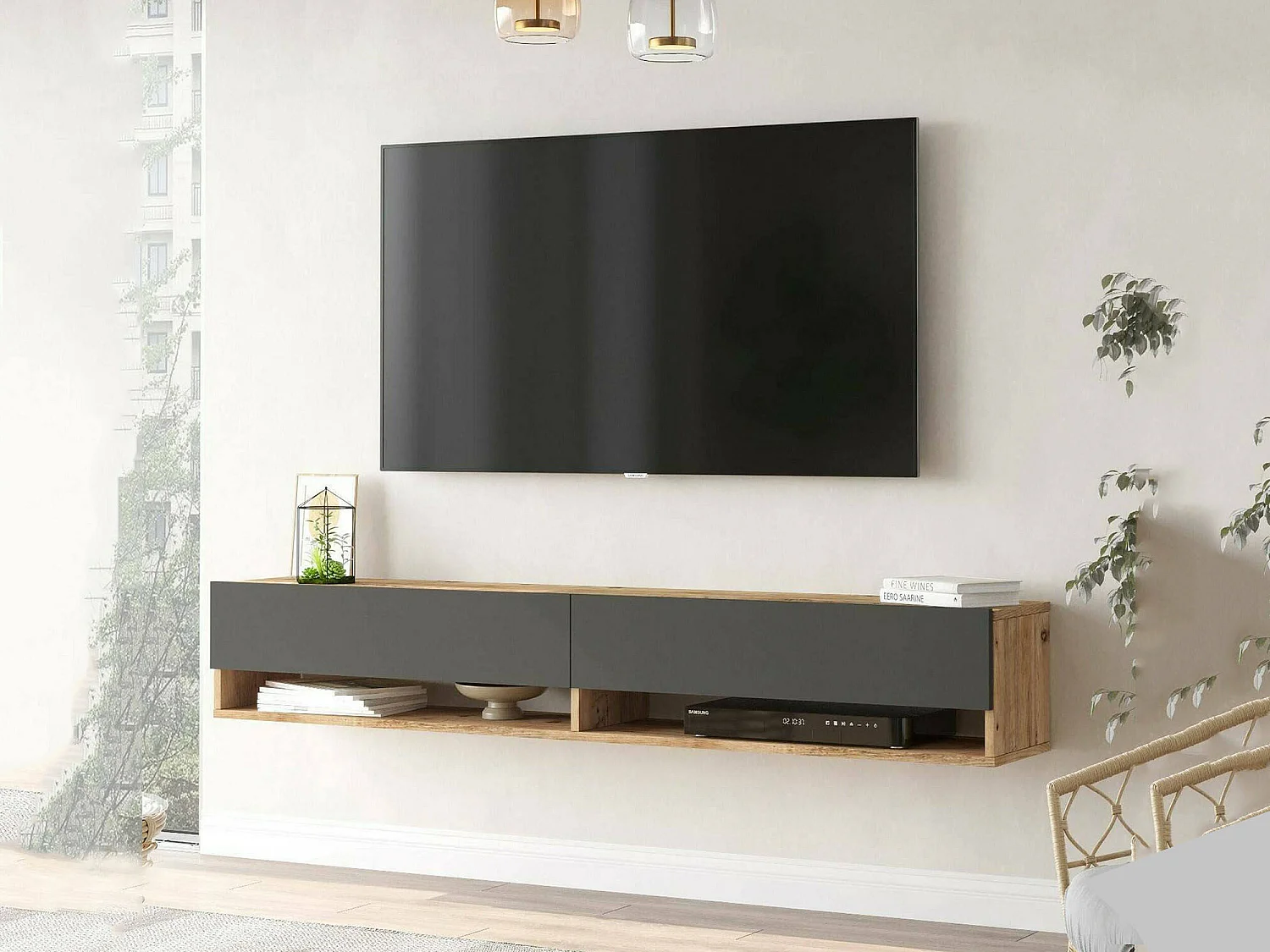 Suporte de TV Dkechrid, Aparador dPara sala de estar, armário baixo para TV, base de parede equipada, 180x32h29 cm, carvalho e antracite