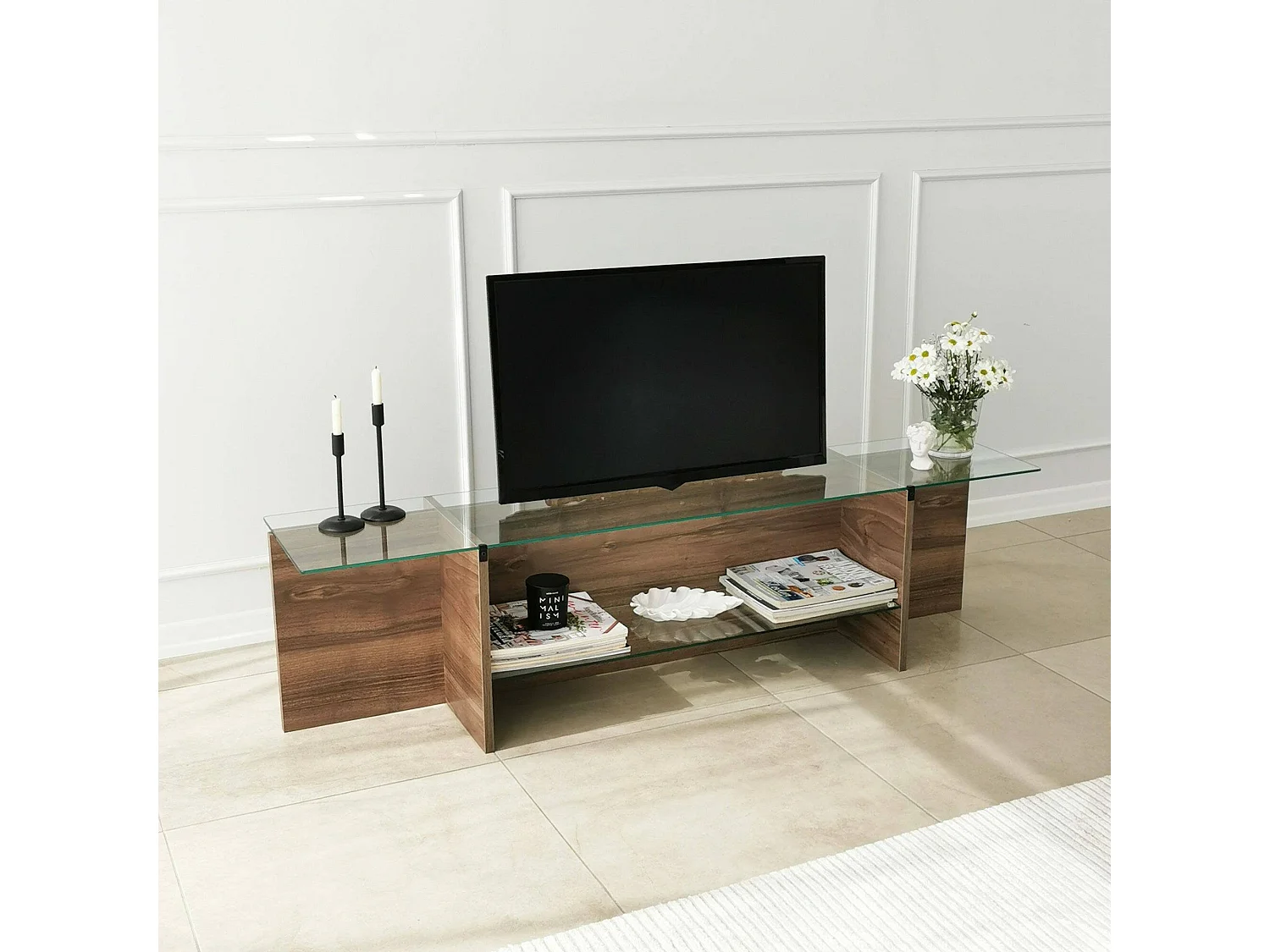 Mueble de televisión Dlinett, Aparador de salón, Mueble bajo para TV, Base de pared equipada, 158x35h40 cm, Nuez