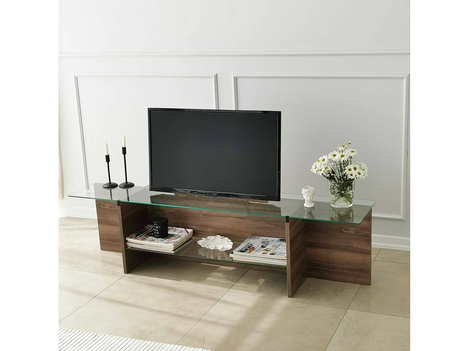 Mobile Porta tv Bellano, 2 Ripiani, 35x158x40h cm Marrone Noce