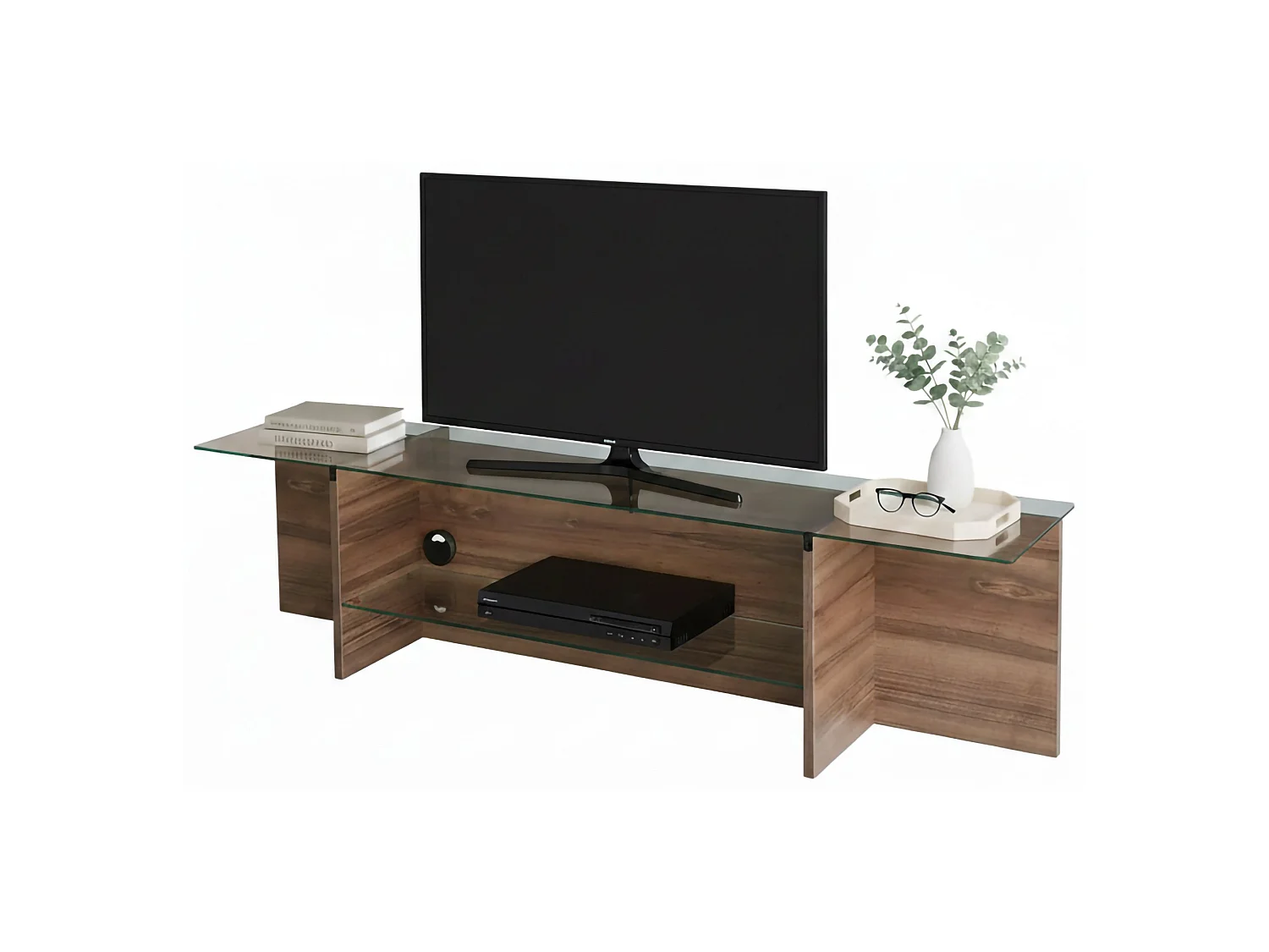 Meuble TV Erinyes, Buffet de salon, Armoire basse pour TV, Base murale de rangement, 158x35h40 cm, Noyer