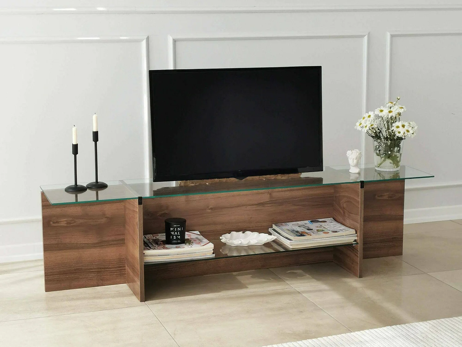 Meuble TV Erinyes, Buffet de salon, Armoire basse pour TV, Base murale de rangement, 158x35h40 cm, Noyer