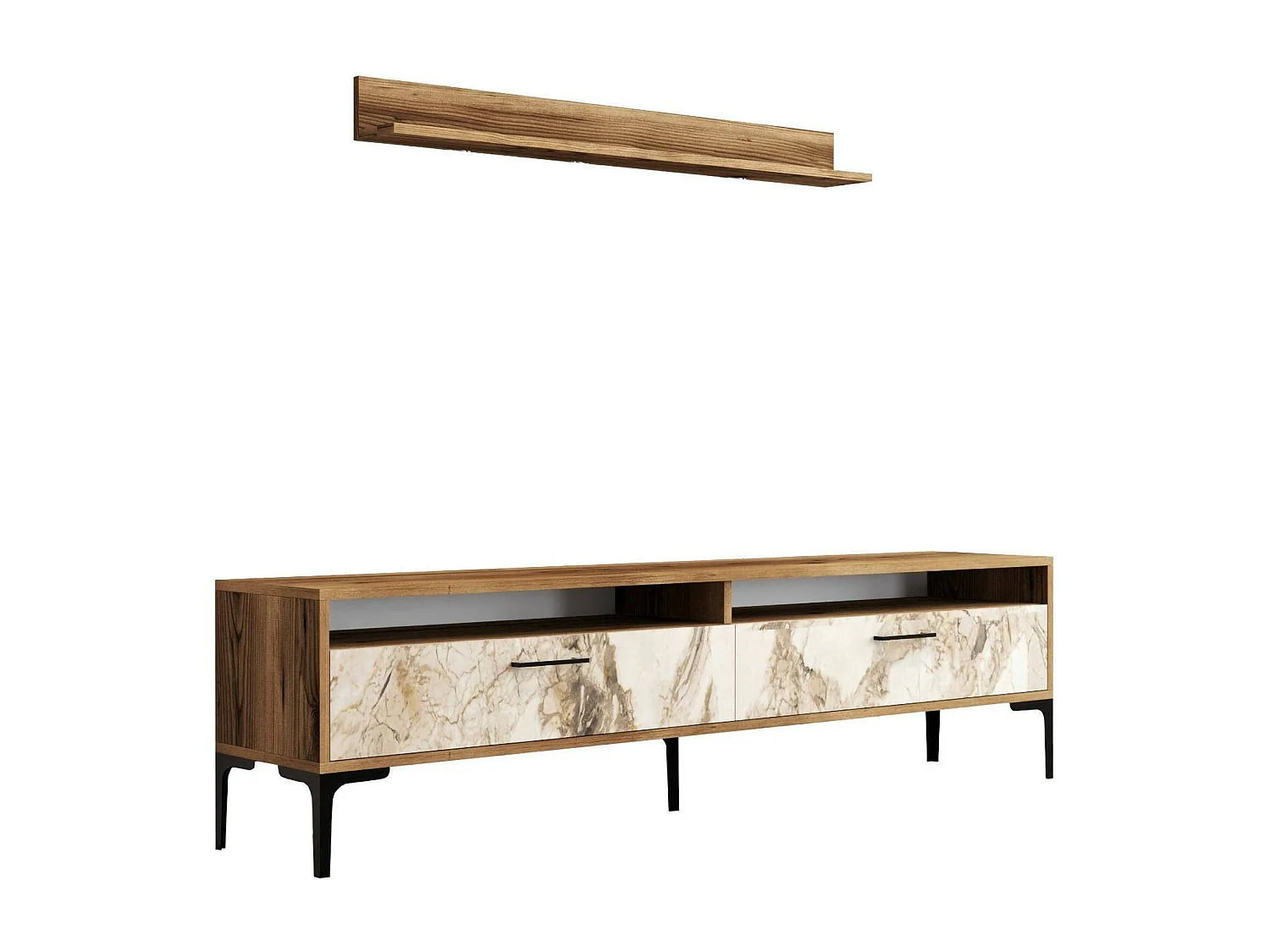 Wohnzimmermöbel Dkatseri, Modulares Wohnzimmerset, Mehrzweck-Wohnzimmermöbel, Moderner TV-Schrank, 180x35h47 cm, Nussbaum und WeiÃŸer Marmor