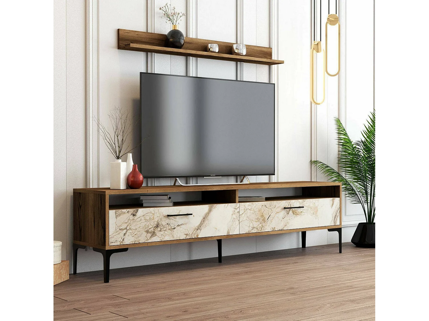Wohnzimmermöbel Dkatseri, Modulares Wohnzimmerset, Mehrzweck-Wohnzimmermöbel, Moderner TV-Schrank, 180x35h47 cm, Nussbaum und WeiÃŸer Marmor