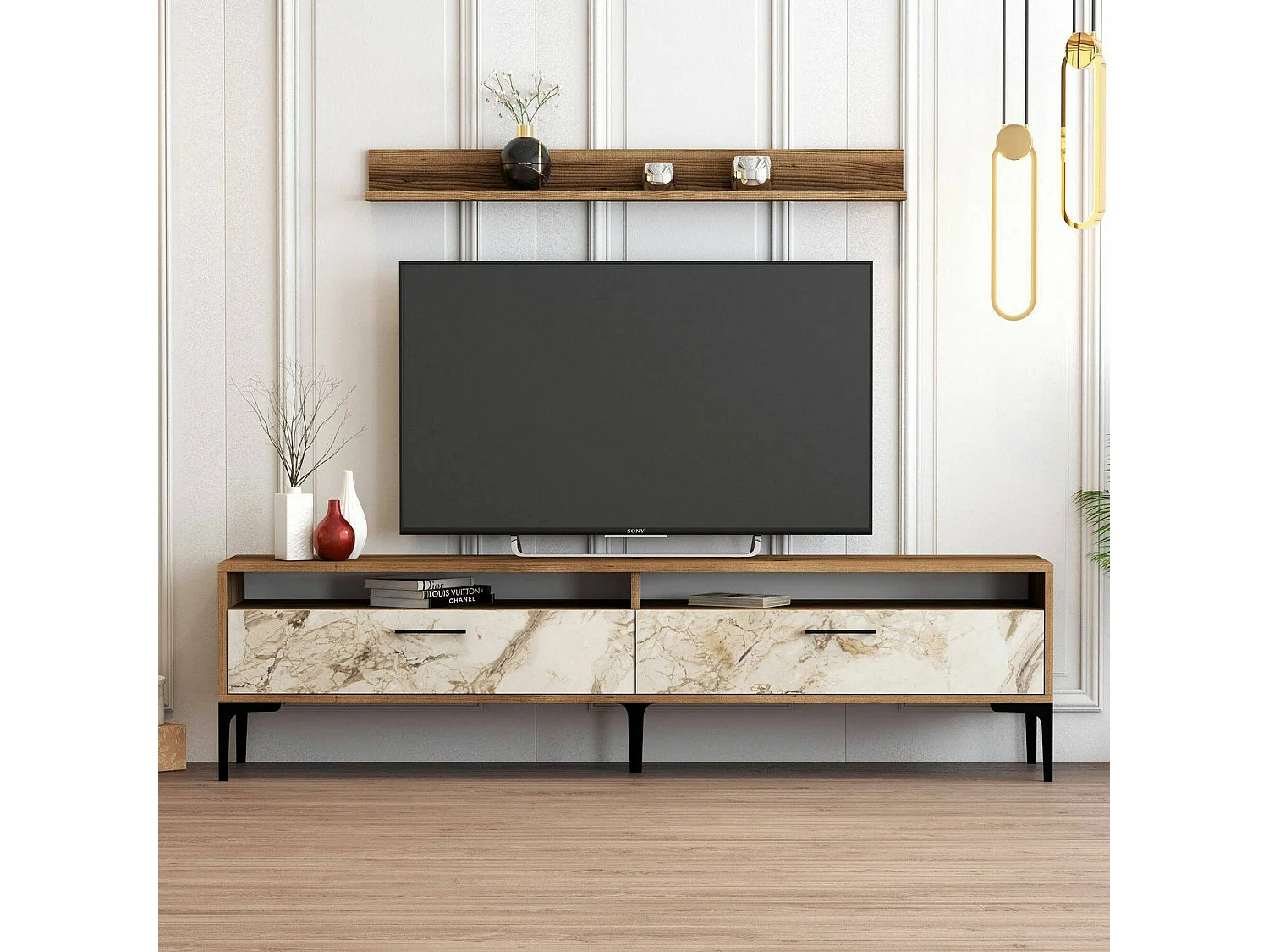 Wohnzimmermöbel Dkatseri, Modulares Wohnzimmerset, Mehrzweck-Wohnzimmermöbel, Moderner TV-Schrank, 180x35h47 cm, Nussbaum und WeiÃŸer Marmor