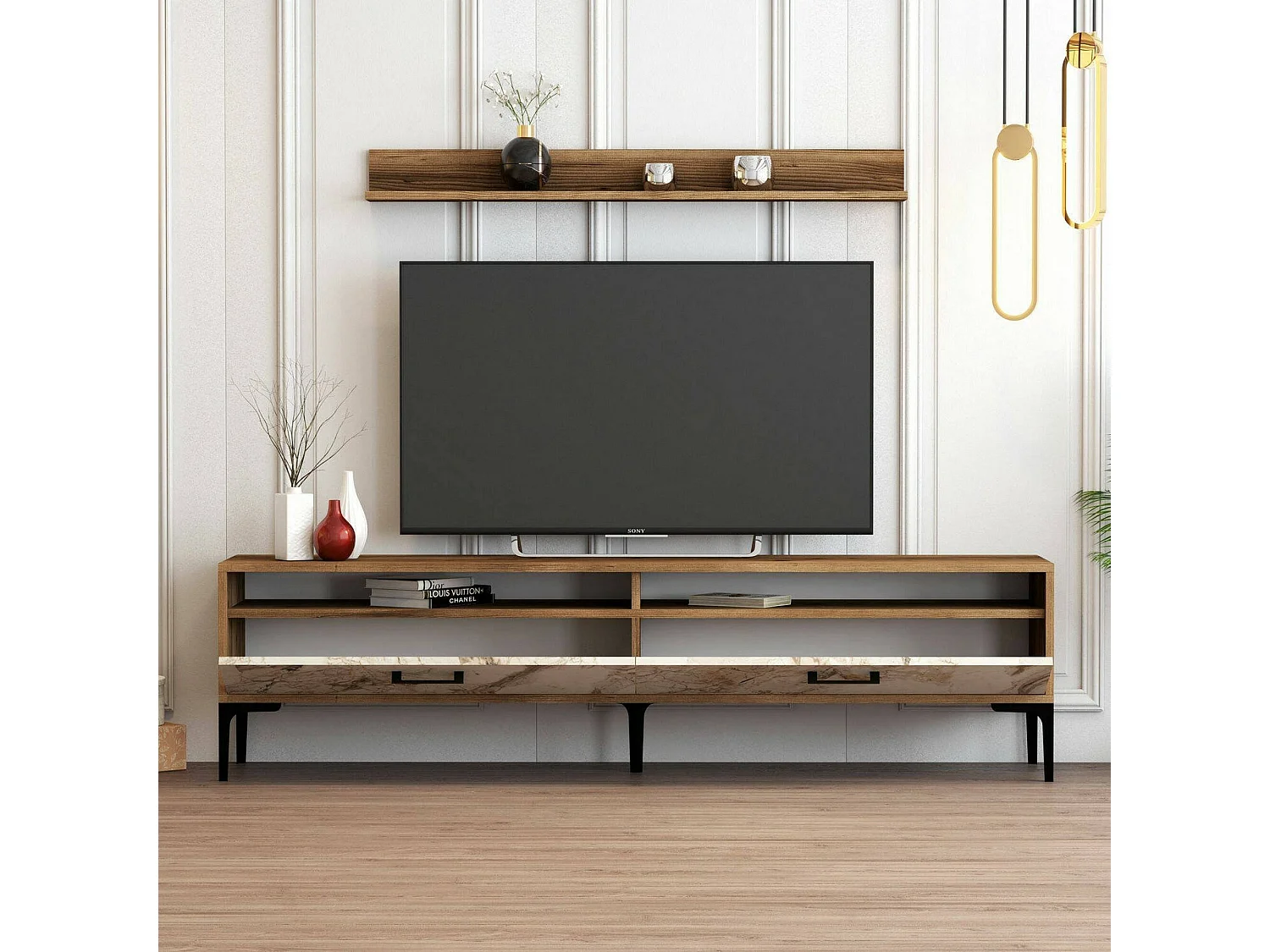 Wohnzimmermöbel Dkatseri, Modulares Wohnzimmerset, Mehrzweck-Wohnzimmermöbel, Moderner TV-Schrank, 180x35h47 cm, Nussbaum und WeiÃŸer Marmor