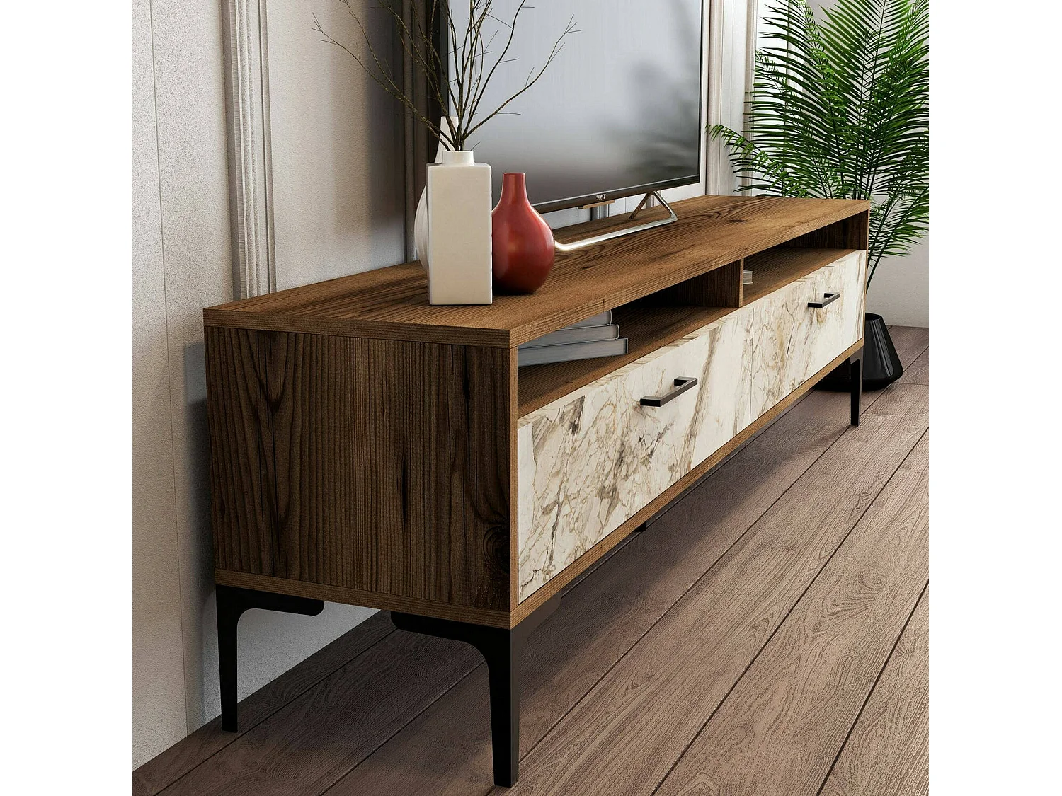 Wohnzimmermöbel Dkatseri, Modulares Wohnzimmerset, Mehrzweck-Wohnzimmermöbel, Moderner TV-Schrank, 180x35h47 cm, Nussbaum und WeiÃŸer Marmor