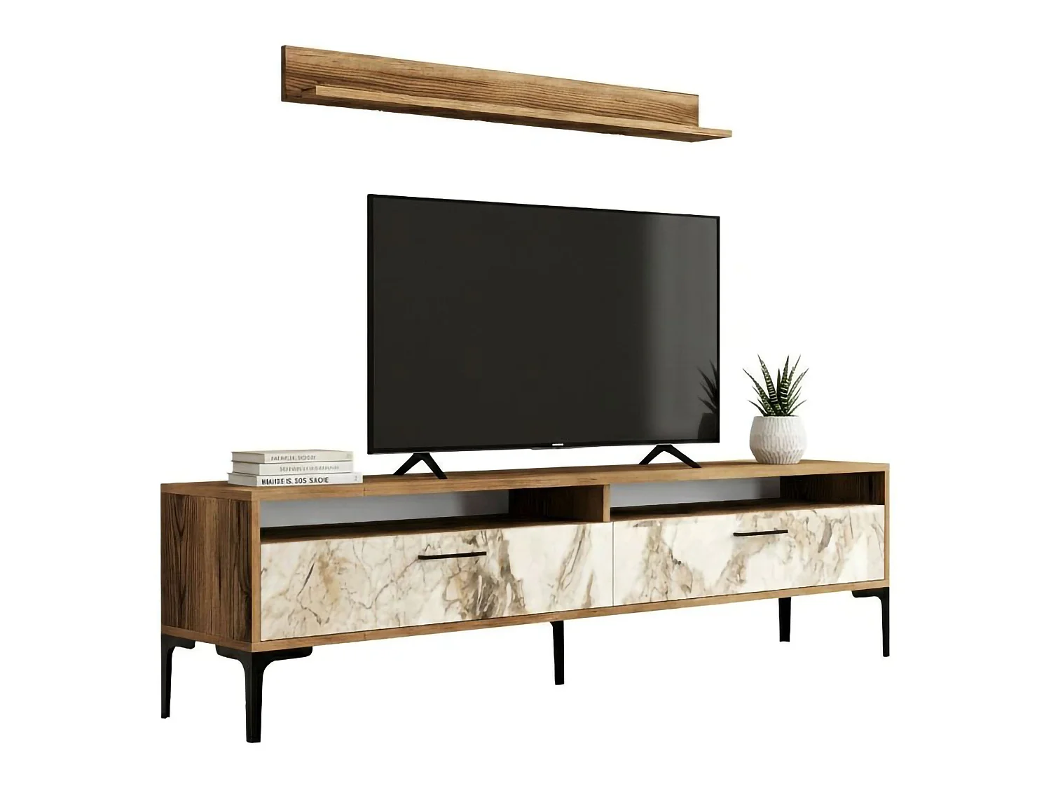 Wohnzimmermöbel Dkatseri, Modulares Wohnzimmerset, Mehrzweck-Wohnzimmermöbel, Moderner TV-Schrank, 180x35h47 cm, Nussbaum und WeiÃŸer Marmor