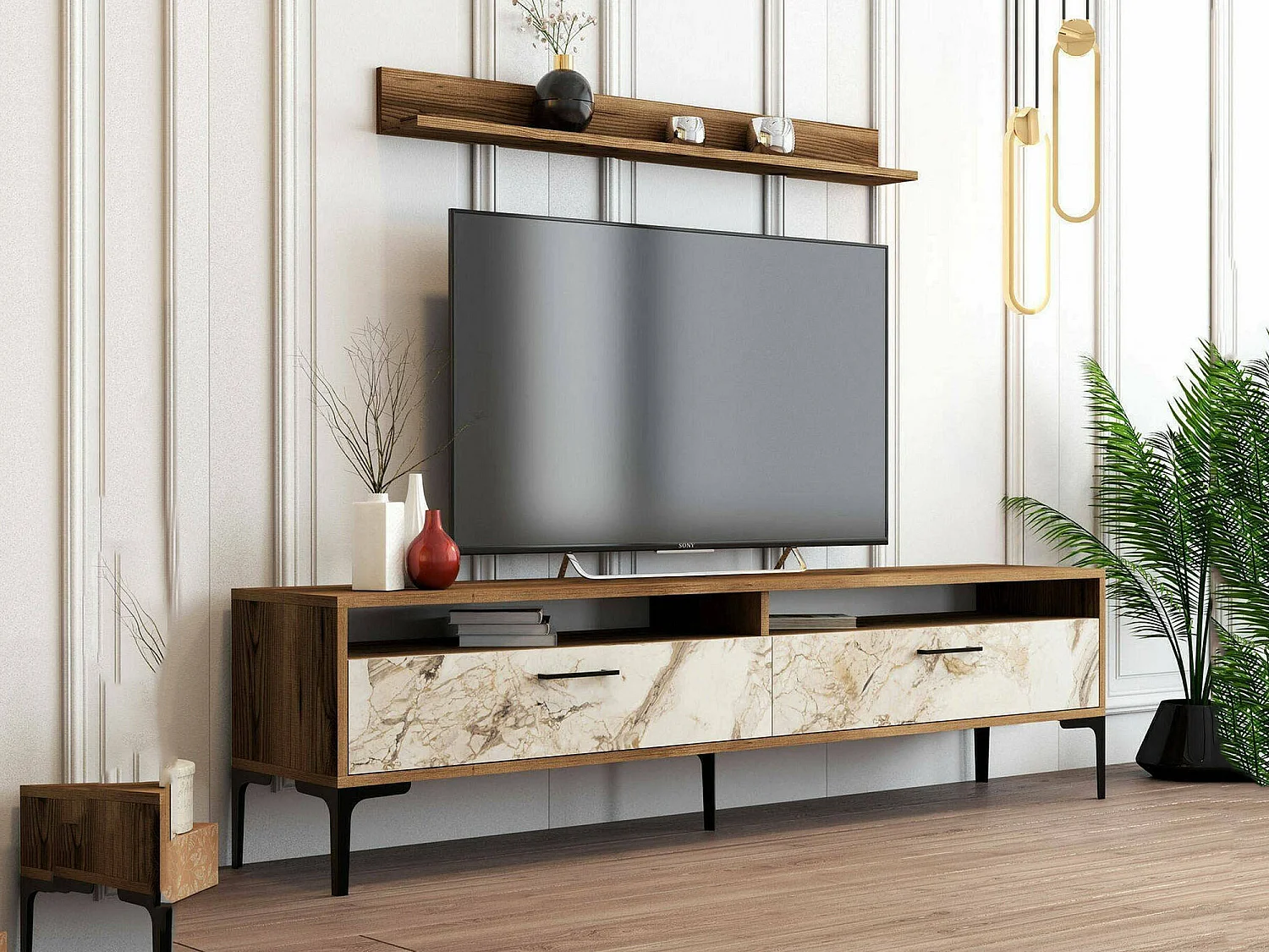 Wohnzimmermöbel Dkatseri, Modulares Wohnzimmerset, Mehrzweck-Wohnzimmermöbel, Moderner TV-Schrank, 180x35h47 cm, Nussbaum und WeiÃŸer Marmor
