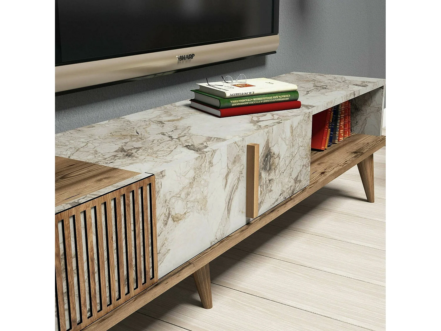 Wohnzimmermöbel Dmalavas, Modulares Wohnzimmerset, Mehrzweck-Wohnzimmermöbel, Moderner TV-Schrank, 180x35h40 cm, Nussbaum und WeiÃŸer Marmor