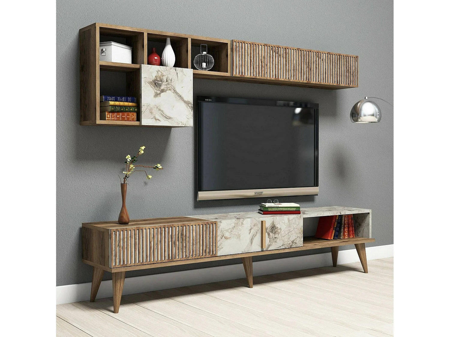 Wohnzimmermöbel Dmalavas, Modulares Wohnzimmerset, Mehrzweck-Wohnzimmermöbel, Moderner TV-Schrank, 180x35h40 cm, Nussbaum und WeiÃŸer Marmor