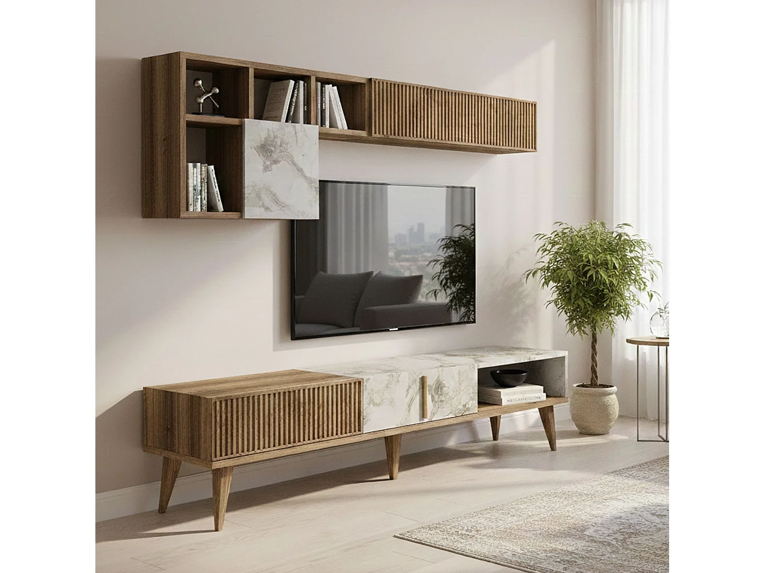 Meuble Mural Gemini, Composition du salon, Meubles de salon polyvalents, Meuble télé, 180x35h40 cm, Noyer et Marbre Blanc