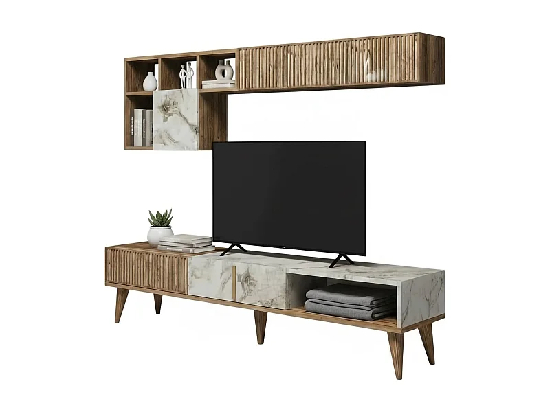 Dmalavas-wand, woonkamer, multifunctionele woonkamermeubel, tv-houder, 180x35h40 cm, walnoot en marmerwit