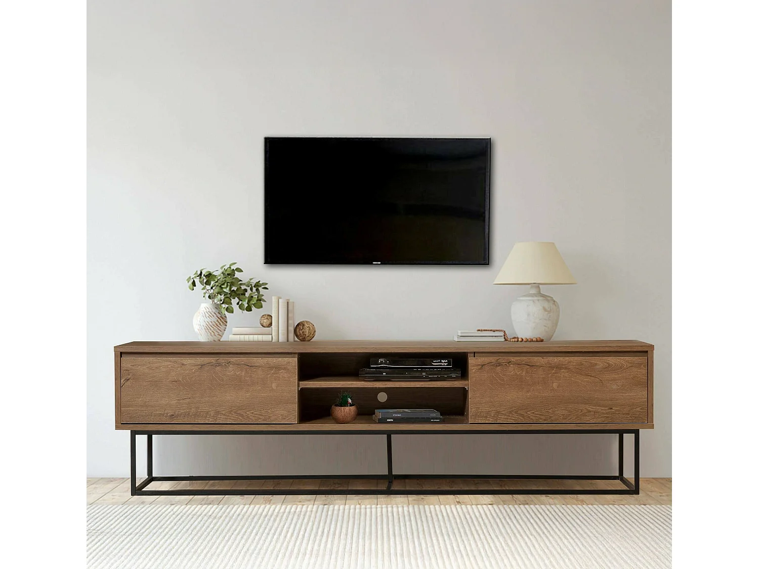 Fernsehschrank Dpicon, Ständer für Wohnzimmerfernseher, Niedriges Wohnzimmer-Sideboard, TV-Ständerbasis, 180x40h50 cm, Walnuss und Schwarz