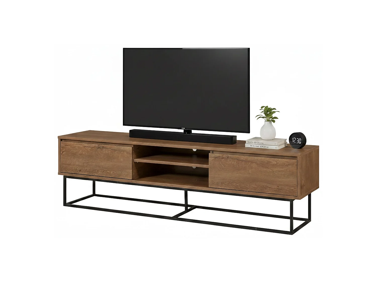 Meuble TV Selena, Buffet de salon, Armoire basse pour TV, Base murale de rangement, 180x40h50 cm, Noyer et Noir