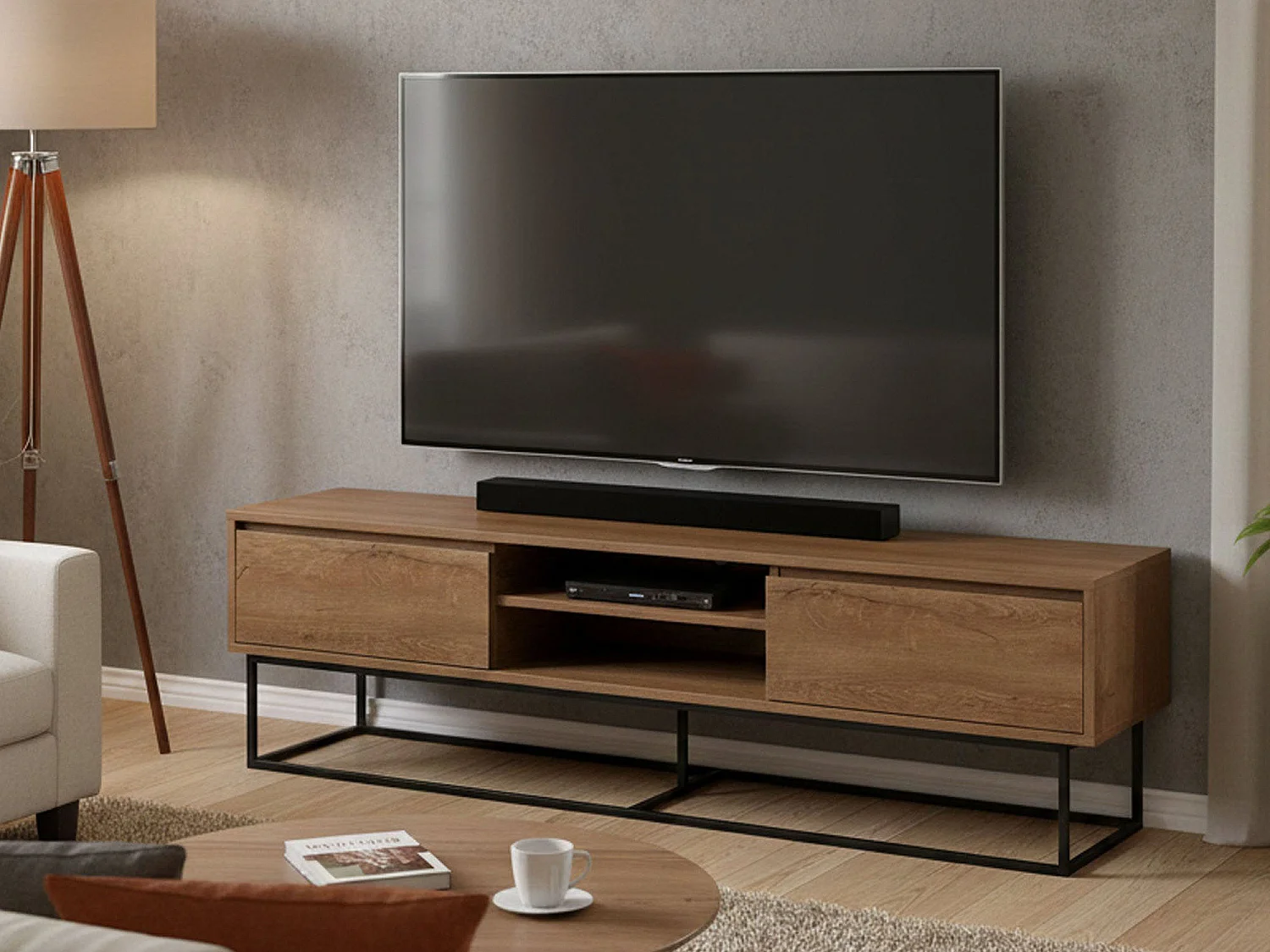 Meuble TV Selena, Buffet de salon, Armoire basse pour TV, Base murale de rangement, 180x40h50 cm, Noyer et Noir