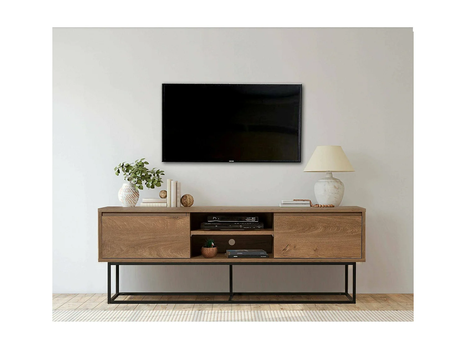 Fernsehschrank Dpicon, Ständer für Wohnzimmerfernseher, Niedriges Wohnzimmer-Sideboard, TV-Ständerbasis, 140x40h50 cm, Walnuss und Schwarz