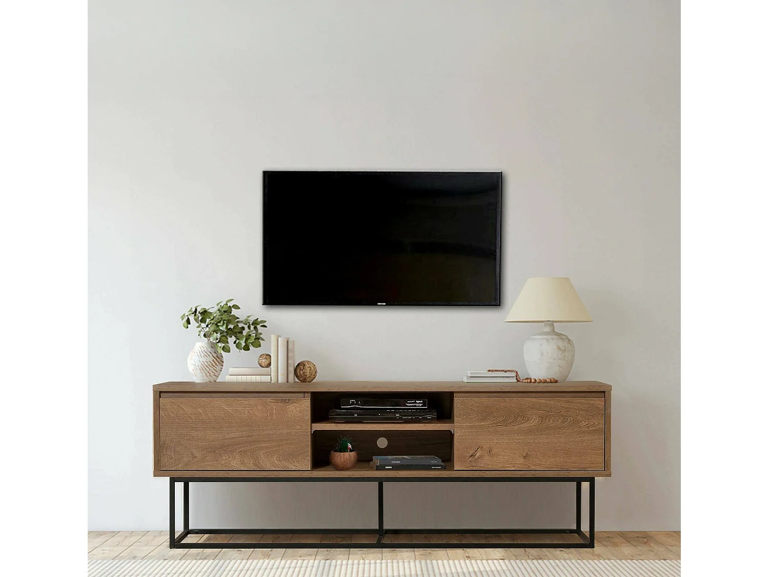 Fernsehschrank Dpicon, Ständer für Wohnzimmerfernseher, Niedriges Wohnzimmer-Sideboard, TV-Ständerbasis, 140x40h50 cm, Walnuss und Schwarz
