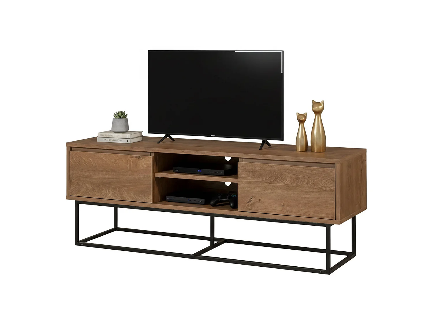 Meuble TV Selena, Buffet de salon, Armoire basse pour TV, Base murale de rangement, 140x40h50 cm, Noyer et Noir