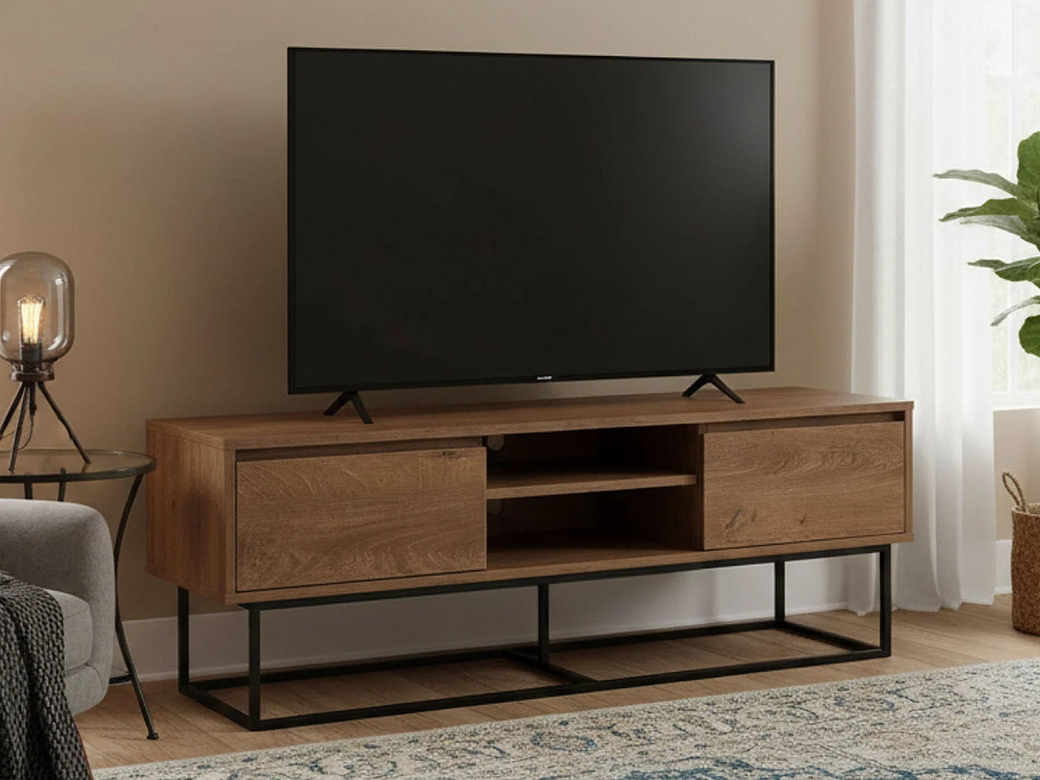 Meuble TV Selena, Buffet de salon, Armoire basse pour TV, Base murale de rangement, 140x40h50 cm, Noyer et Noir