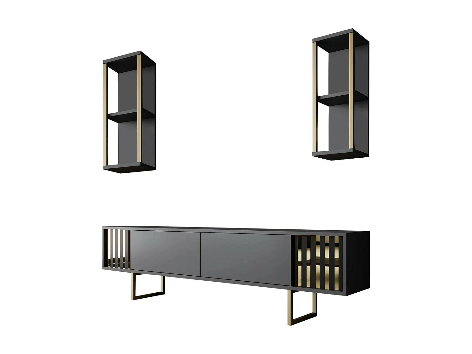 Fernsehschrank Dliveran, Ständer für Wohnzimmerfernseher, Niedriges Wohnzimmer-Sideboard, TV-Ständerbasis, 180x30h48 cm, Anthrazit und Schwarz