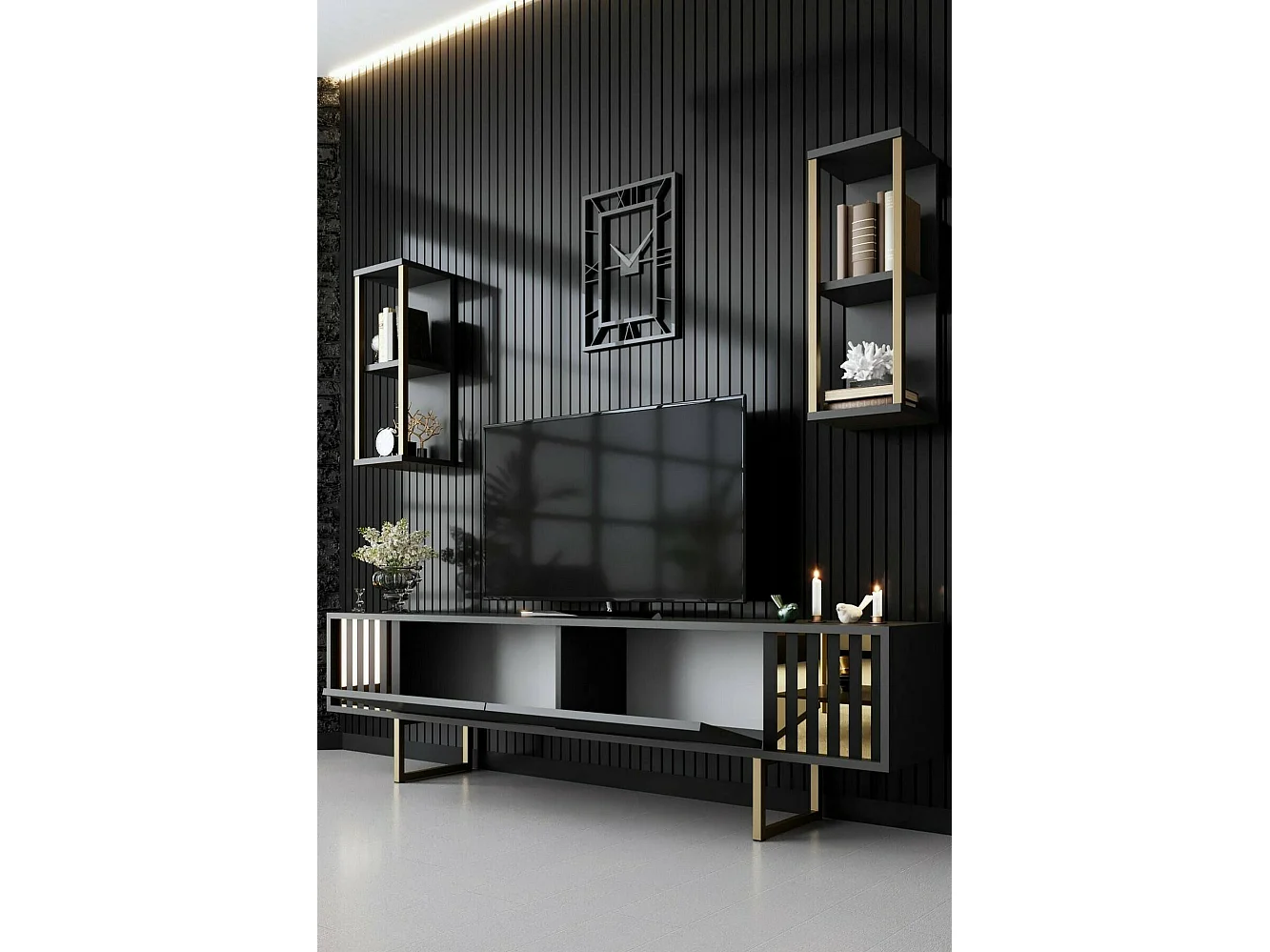 Fernsehschrank Dliveran, Ständer für Wohnzimmerfernseher, Niedriges Wohnzimmer-Sideboard, TV-Ständerbasis, 180x30h48 cm, Anthrazit und Schwarz