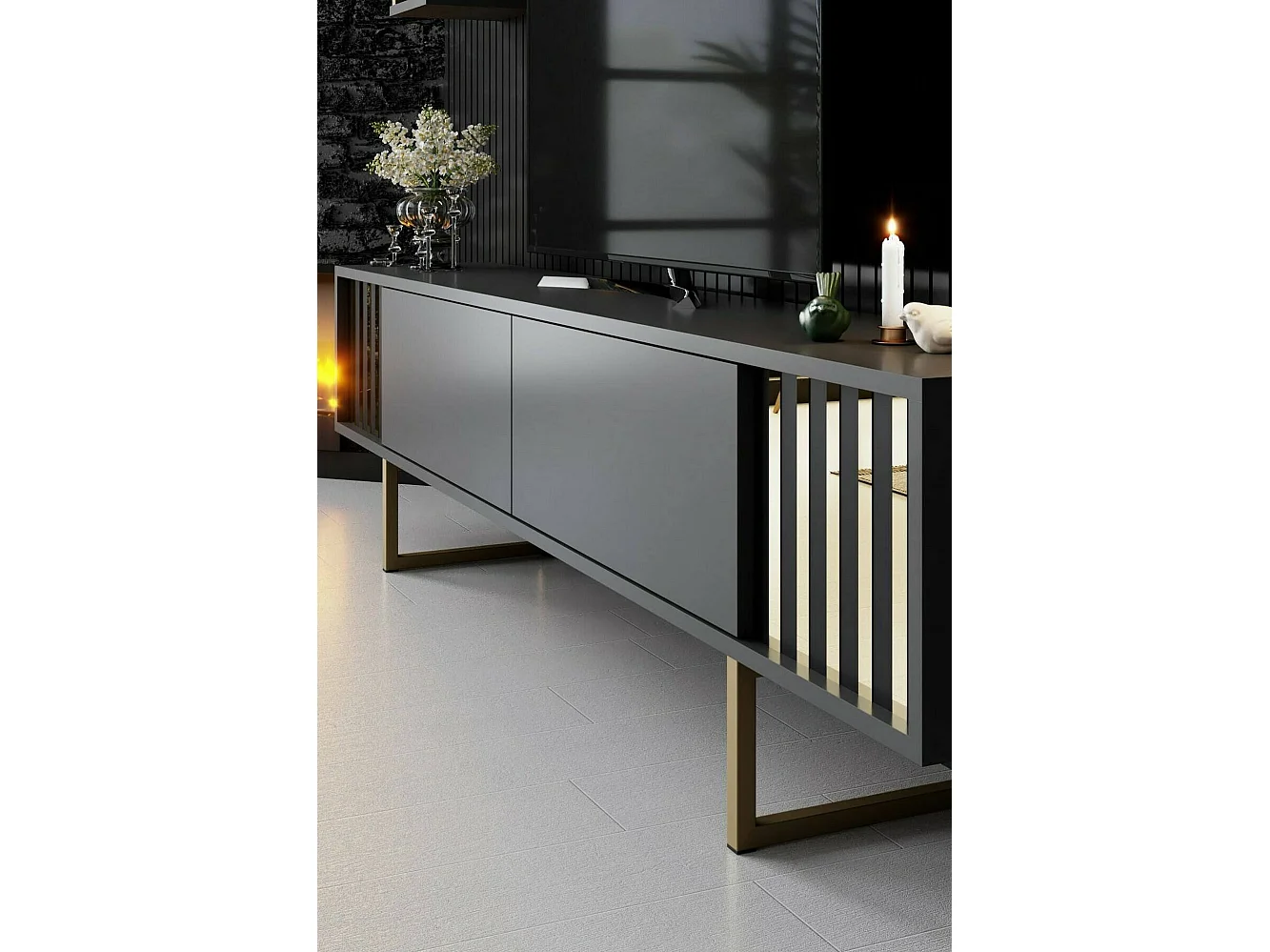 Fernsehschrank Dliveran, Ständer für Wohnzimmerfernseher, Niedriges Wohnzimmer-Sideboard, TV-Ständerbasis, 180x30h48 cm, Anthrazit und Schwarz