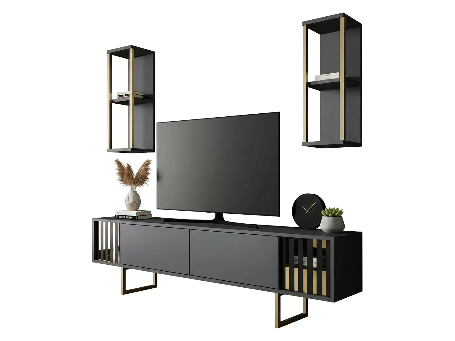 Meuble TV Eunomia, Buffet de salon, Armoire basse pour TV, Base murale de rangement, 180x30h48 cm, Anthracite et Noir