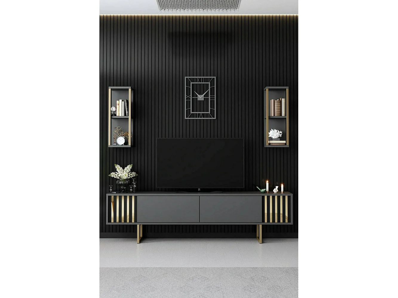 Meuble TV Eunomia, Buffet de salon, Armoire basse pour TV, Base murale de rangement, 180x30h48 cm, Anthracite et Noir