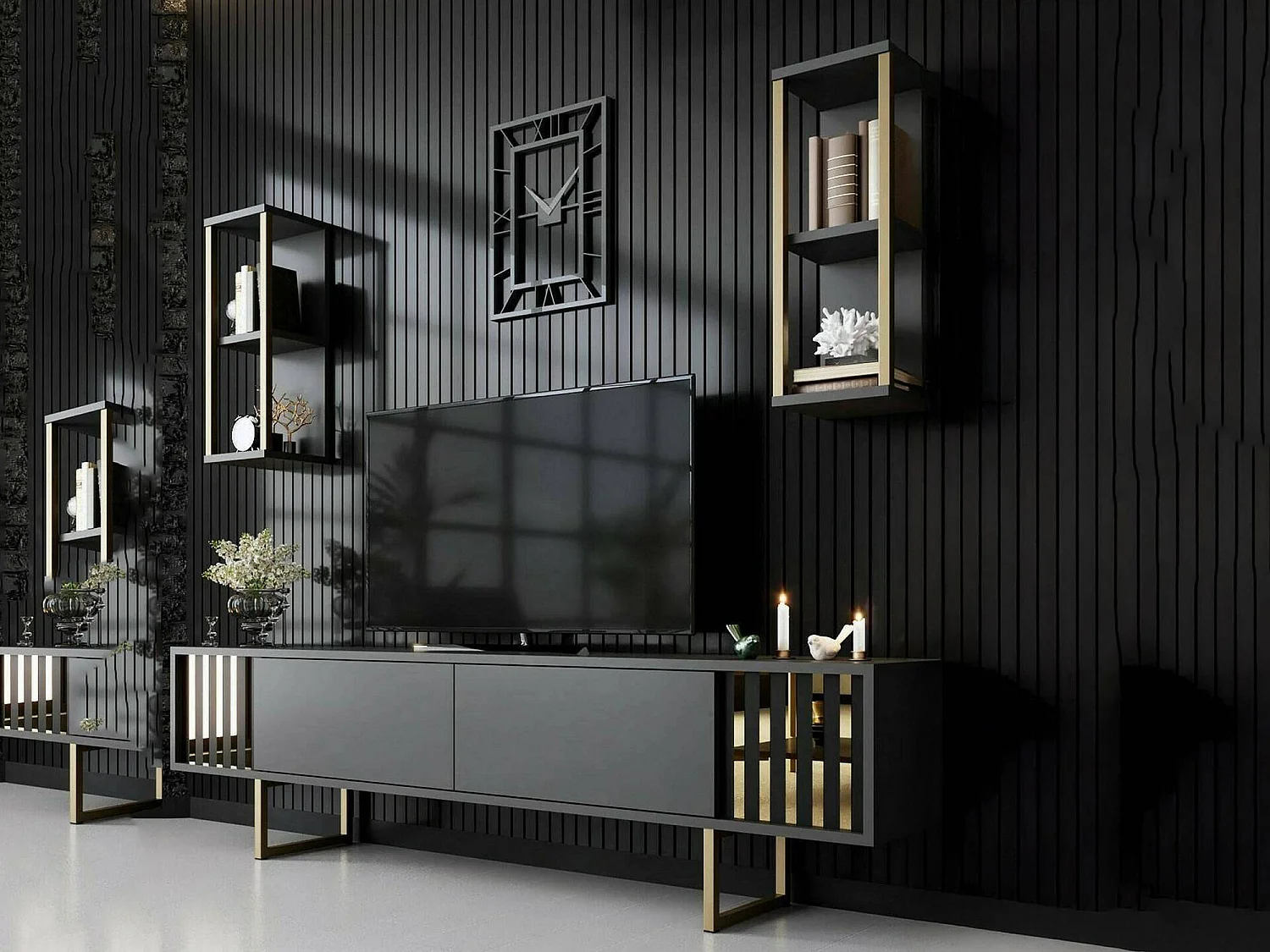 Meuble TV Eunomia, Buffet de salon, Armoire basse pour TV, Base murale de rangement, 180x30h48 cm, Anthracite et Noir
