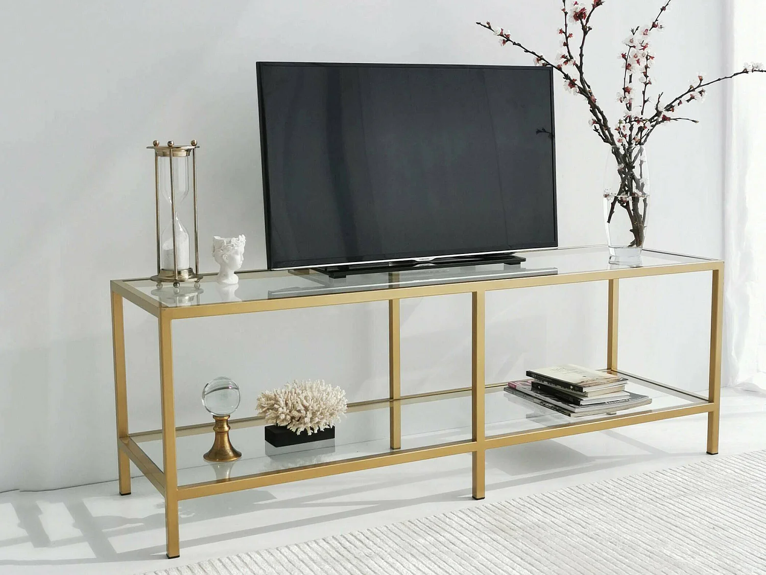 Armário de suporte de TV Dklaasse, Aparador de sala, Armário de TV baixo, Base de parede equipada, 130x40h45 cm, Ouro