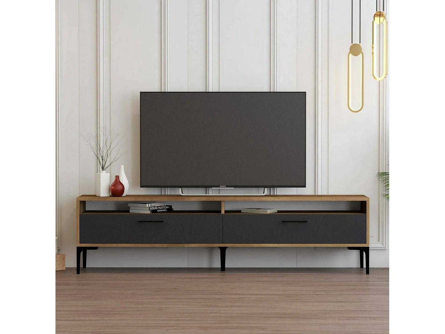 Meuble TV Eltanin, Buffet de salon, Armoire basse pour TV, Base murale de rangement, 180x47h35 cm, Noyer et Anthracite