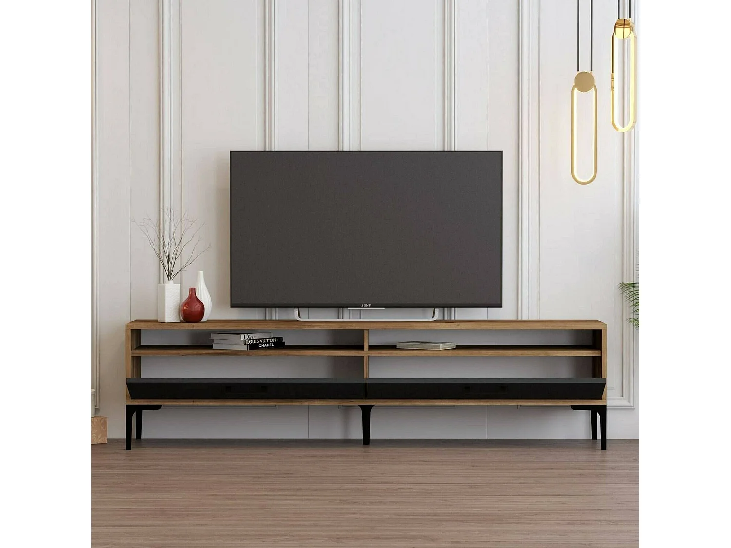 Meuble TV Eltanin, Buffet de salon, Armoire basse pour TV, Base murale de rangement, 180x47h35 cm, Noyer et Anthracite