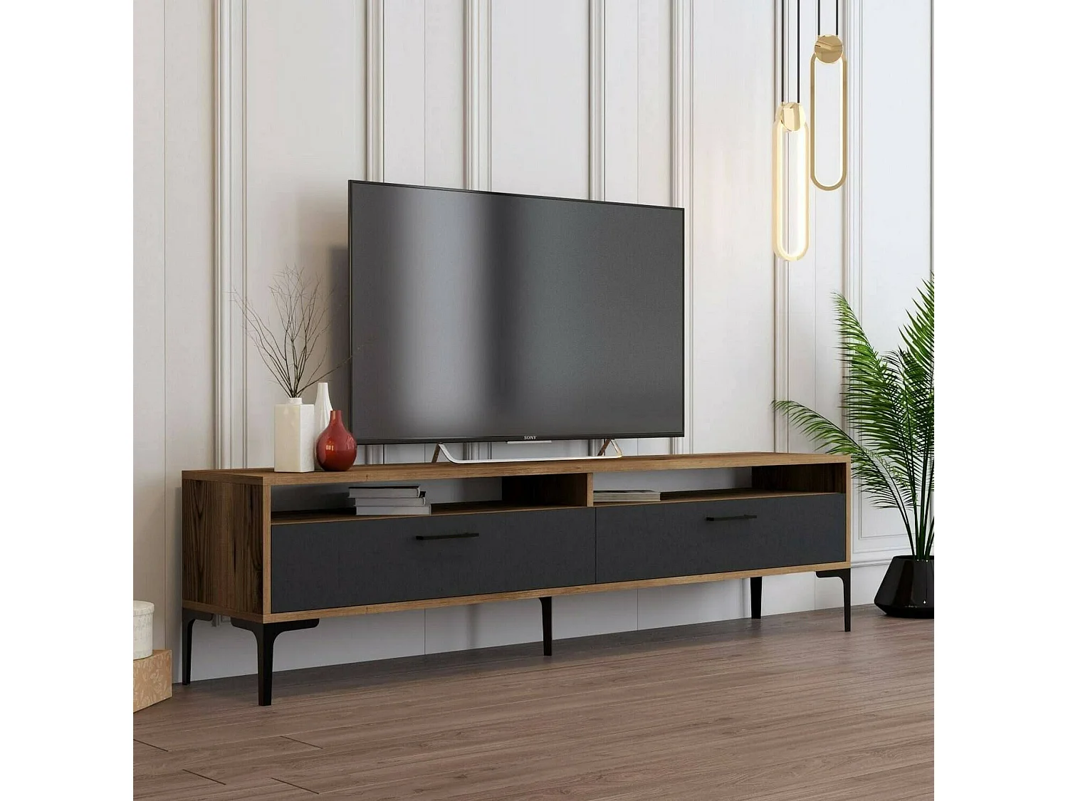 Meuble TV Eltanin, Buffet de salon, Armoire basse pour TV, Base murale de rangement, 180x47h35 cm, Noyer et Anthracite