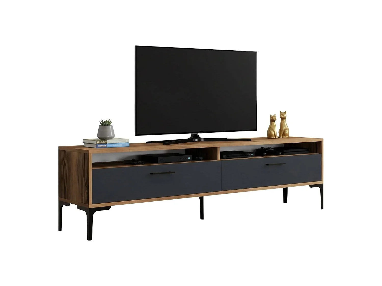 Meuble TV Eltanin, Buffet de salon, Armoire basse pour TV, Base murale de rangement, 180x47h35 cm, Noyer et Anthracite
